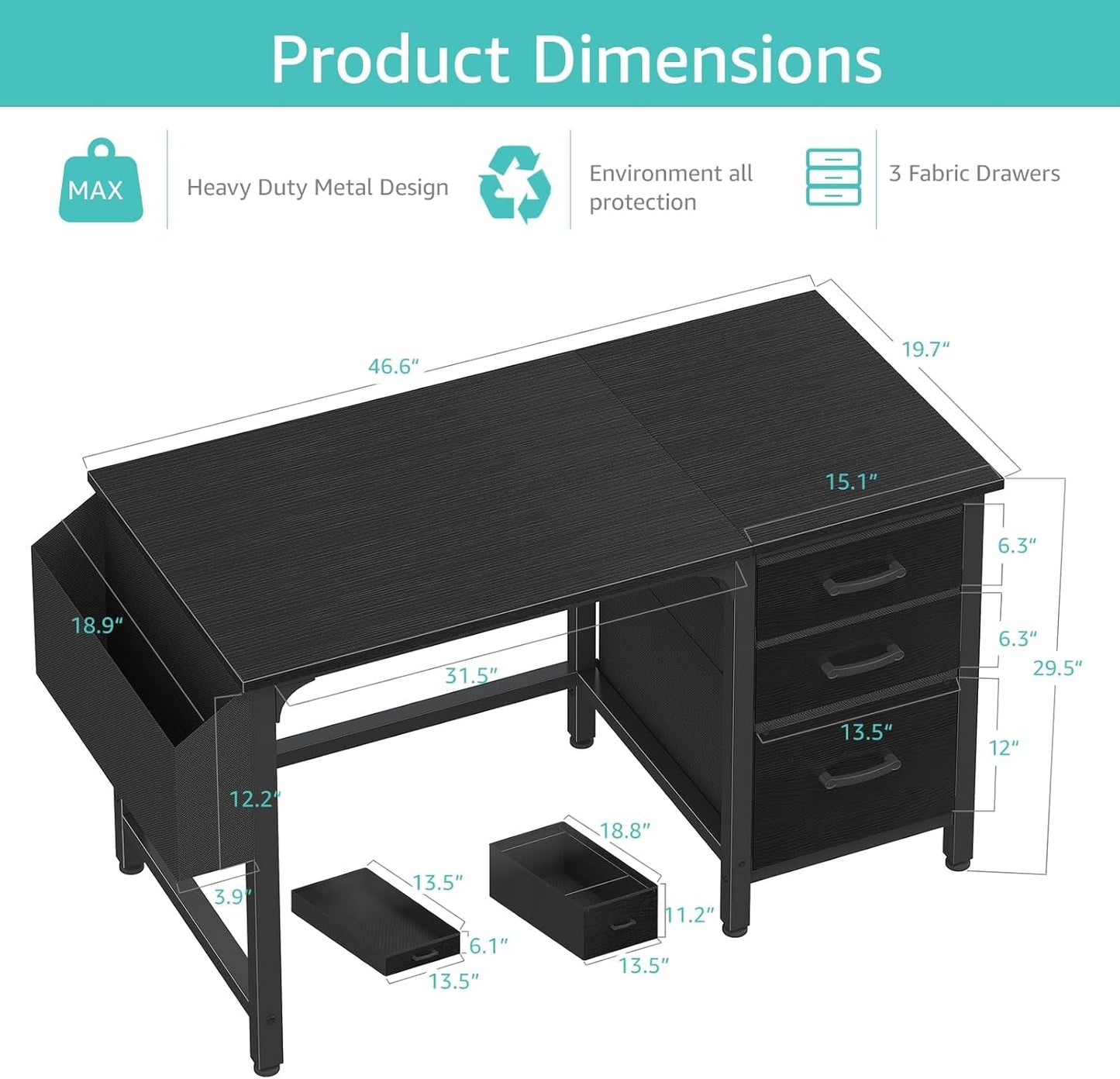 Computer Desk with File Drawers Cabinet, 47 Inch Home Office Desks with Filing Cabinet for Small Space, Gaming Study Writing Table PC Desks, Black-2