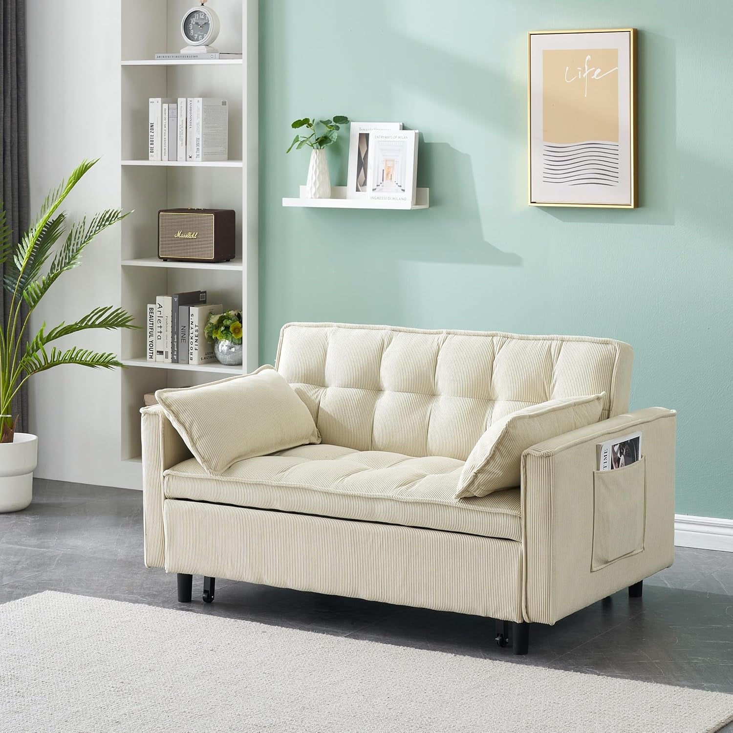 3 in 1 Convertible Sleeper Sofa Bed, Futon Couches for Living Room with Side Pocket | Adjustable Backrest| Corduroy Fabric | Pull Out Couch | Recliner Loveseat | Sectional Sofa, Creamywhite-0
