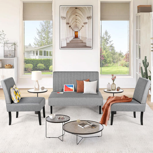 3 Piece Living Room Furniture Set with USB, Mini Small Comfy Couch for Bedroom, Accent Chairs and Loveseat Sofa Couch Set, Small Couches for Small Space, Apartment (Grey, 1+1+2(Armless))-1