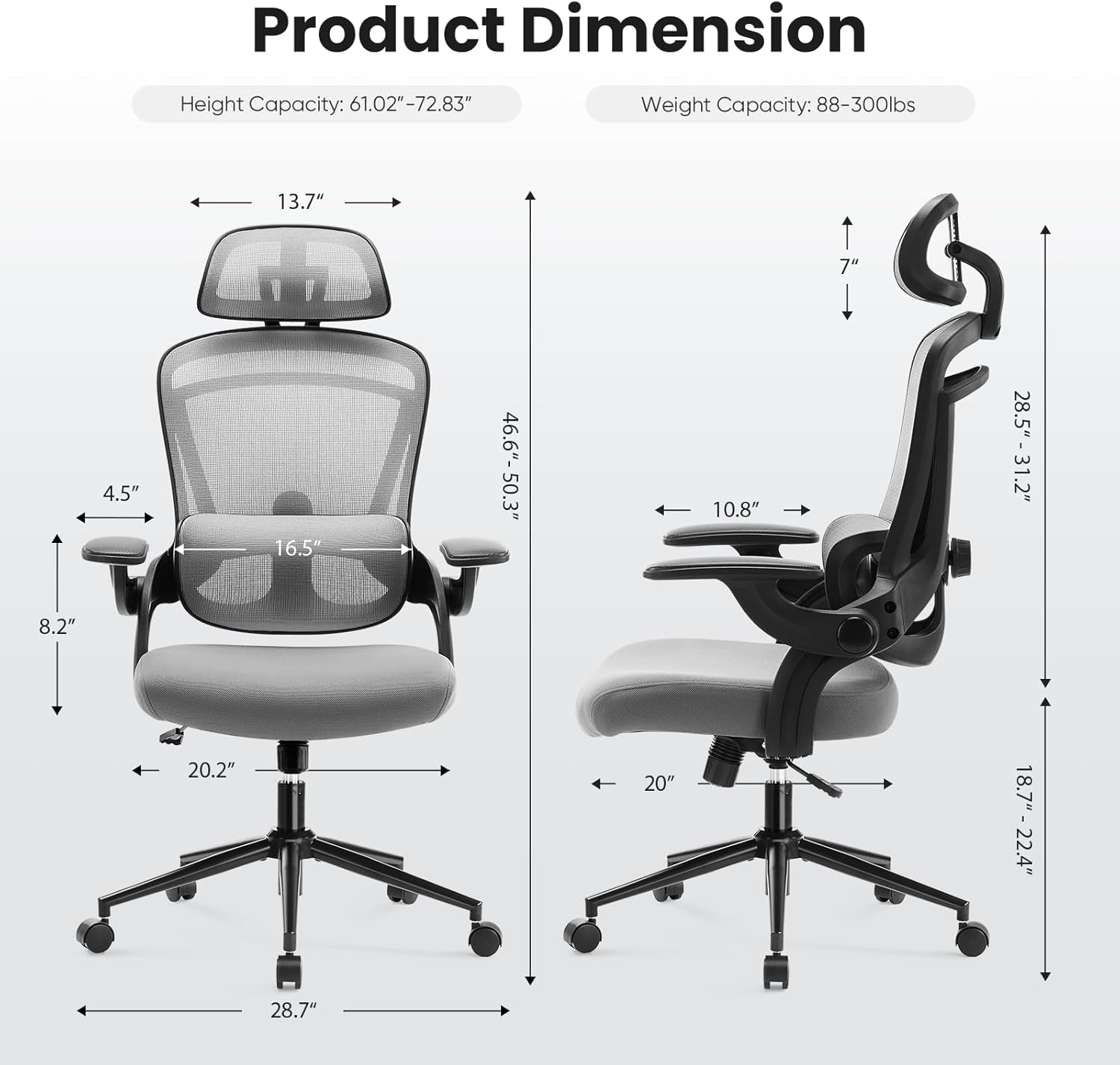 Ergonomic Mesh Office Chair, High Back Desk Chair with 2D Headrest, Up&Down Lumbar Support, Swivel Computer Task Chair with Adjustable Flip-Up Armrests,Grey-2