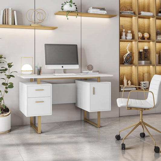 51" White Gold Desk with Storage Cabinet-0