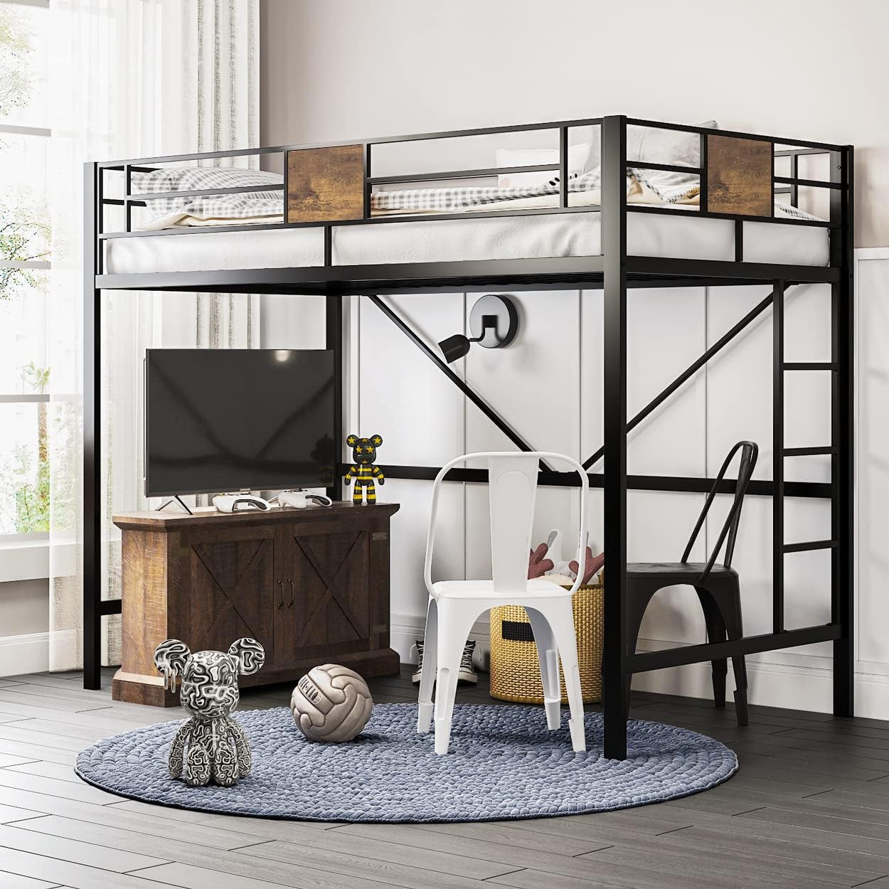 Loft Bed Twin Size with Ladder and Guardrail,Rustic Design,Metal Slats Support No Box Spring Needed Small Space Saving Furniture for Bedroom Dorm-0