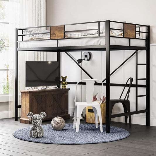 Loft Bed Twin Size with Ladder and Guardrail,Rustic Design,Metal Slats Support No Box Spring Needed Small Space Saving Furniture for Bedroom Dorm-0