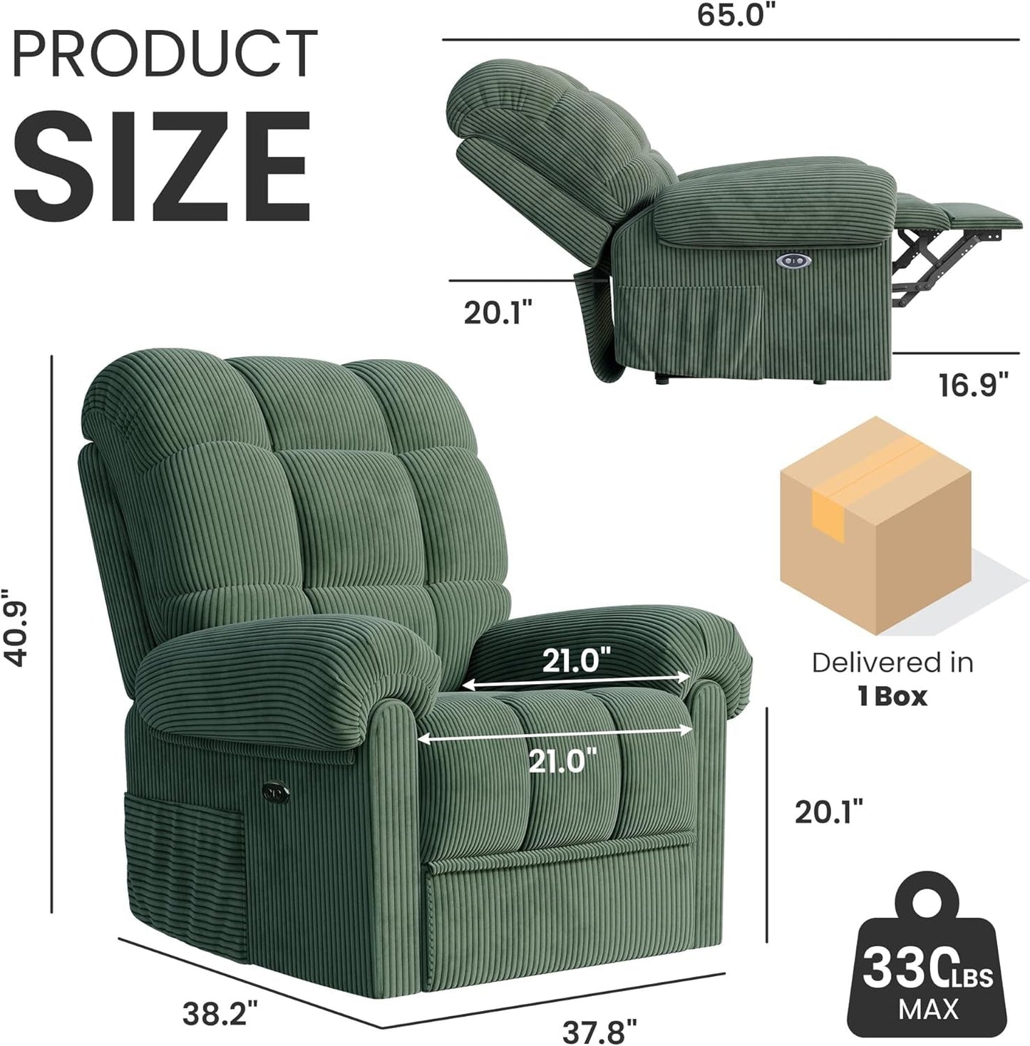 Upgraded 2024 New Power Recliner Chair for Adults, Adjustable Electric Chair Power Reclining Sofa, USB Port, Ultra-Comfy Corduroy Recliner for Living Room, Tool-Less Assembly Single Sofa Green-1