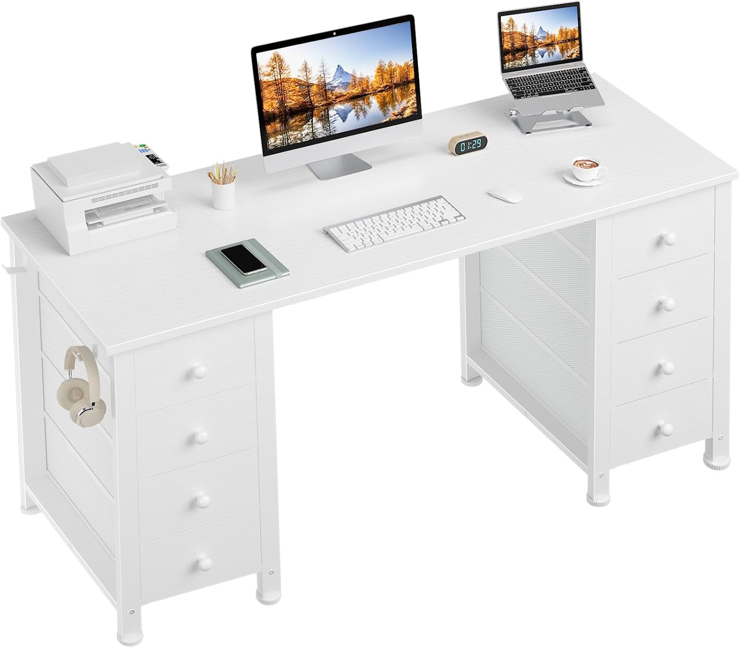 White Computer Desk with Drawers for Storage - 55 Inch Home Office Desk with 8 Fabric Drawers, Writing Study Desk with Drawers on Both Sides for Bedroom-0