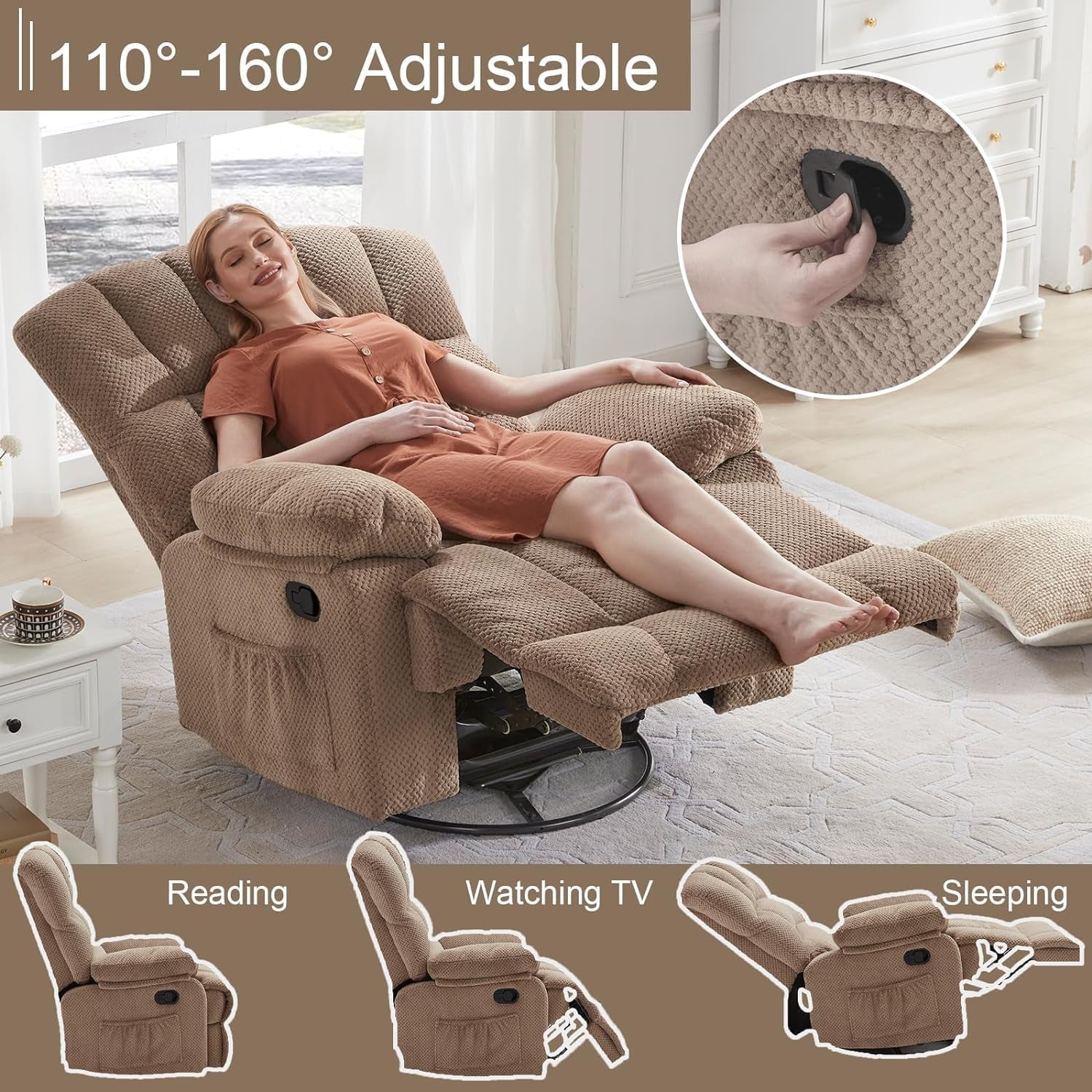 Oversized Rocker Recliner Chair for Adults, 360° Swivel Recliner Chair Ergonomic Chair, Overstuffed Manual Rocking Recliner for Living Room, Theater Seating Single Sofa Chairs(Khaki)-3