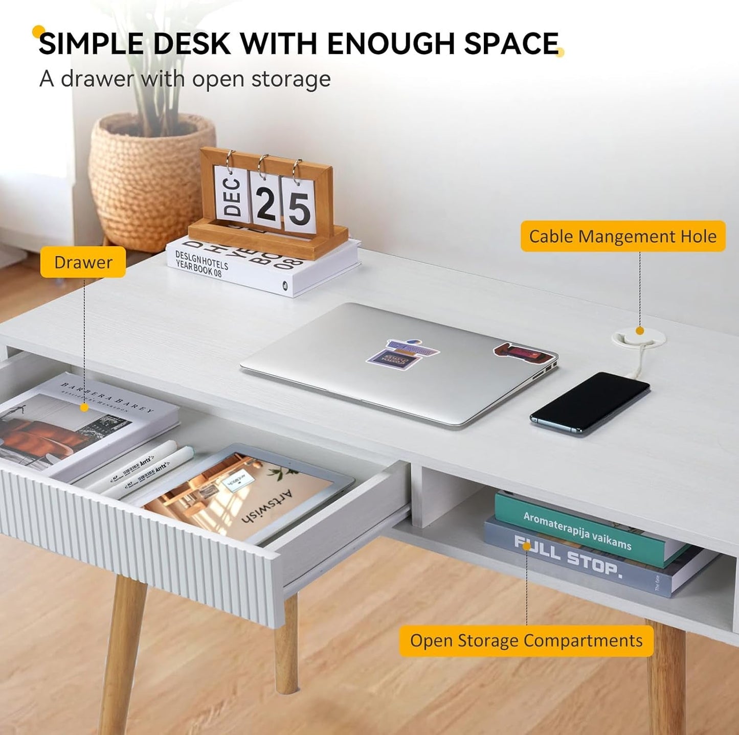 White Writing Desk Modern Desk Wooden Desk with Drawer, Small Office Desk Simple Computer Desk Makeup Table, White Oak-3
