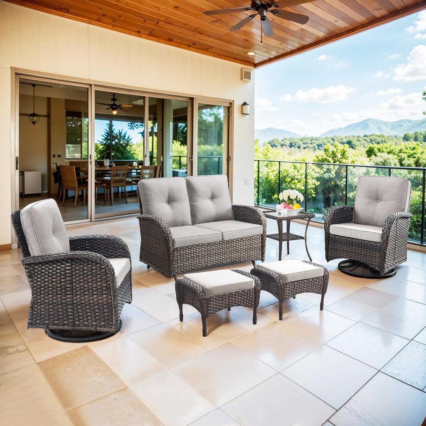 6 Pieces Wicker Patio Conversation Sets with Outdoor Swivel Rocker Chairs and Loveseat Glider Chair, All-Weather Rattan Furniture Set for Deck Patio Backyard Sunroom Brown-0