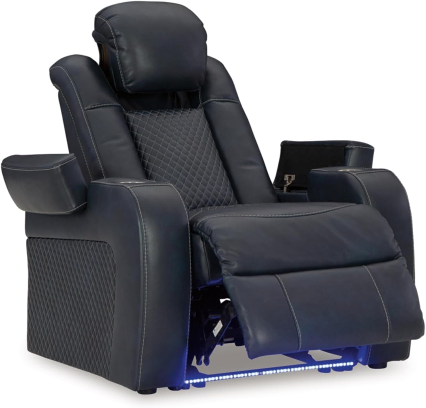 Fyne-Dyme Contemporary Faux Leather Power Recliner with Adjustable Headrest, Cup Holders and LED Lighting, Blue-2