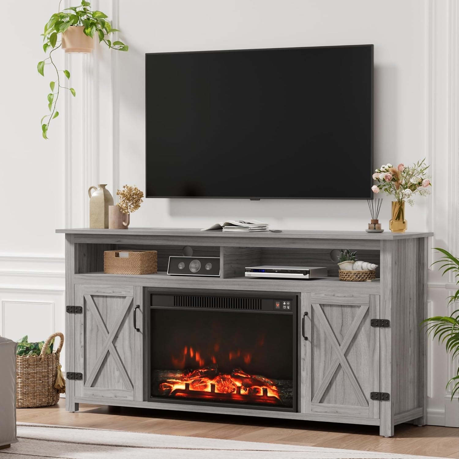 Farmhouse Fireplace TV Stand for Tvs up to 65 Inch Highboy Entertainment Center with Open Storage and Side Cabinets Rustic Media Console Table with Barn Doors for Living Room (Grey Wash)-2