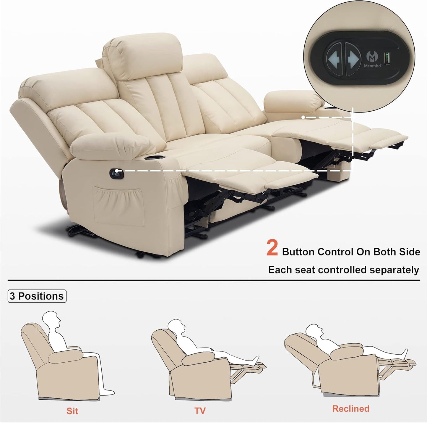 Power Reclining Sofa with Heat and Vibration,Usb Ports, Cup Holders,3-Seat Dual Recliner Sofa for Living Room 6077(Cream White, Reclining Sofa)-3