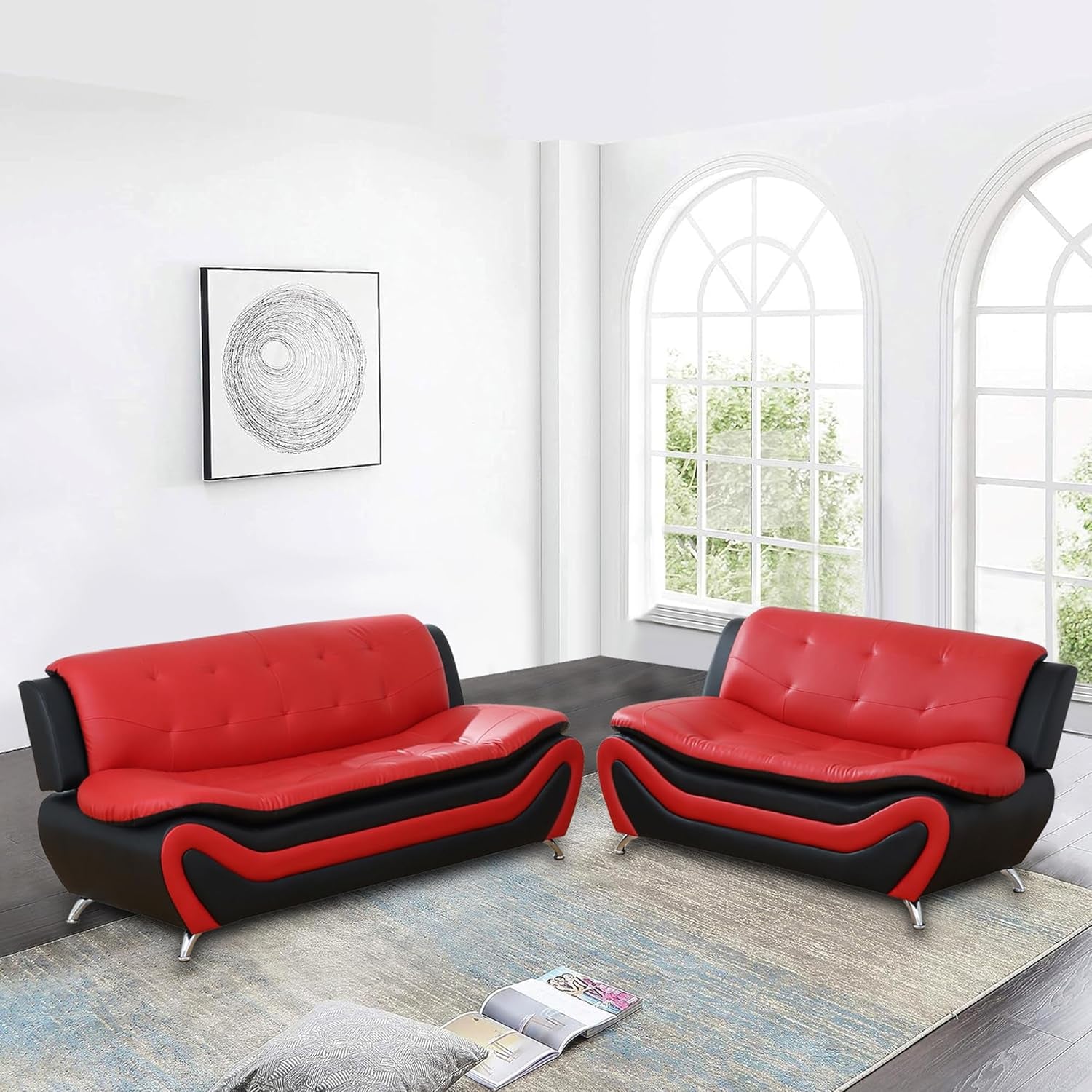 Faux Leather Sofa Couch Set, Living Room Sofa and Loveseat Set, Leather Couch and Loveseat Set for Living Room Office Home (2 Piece Leather Living Room Set, Red)-0