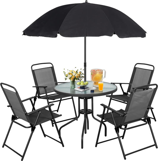 6 Piece Folding Patio Dining Set,Small Metal Outdoor Garden Patio Table and Chair Set W/Umbrella for Lawn,Deck,Backyard,Black-1