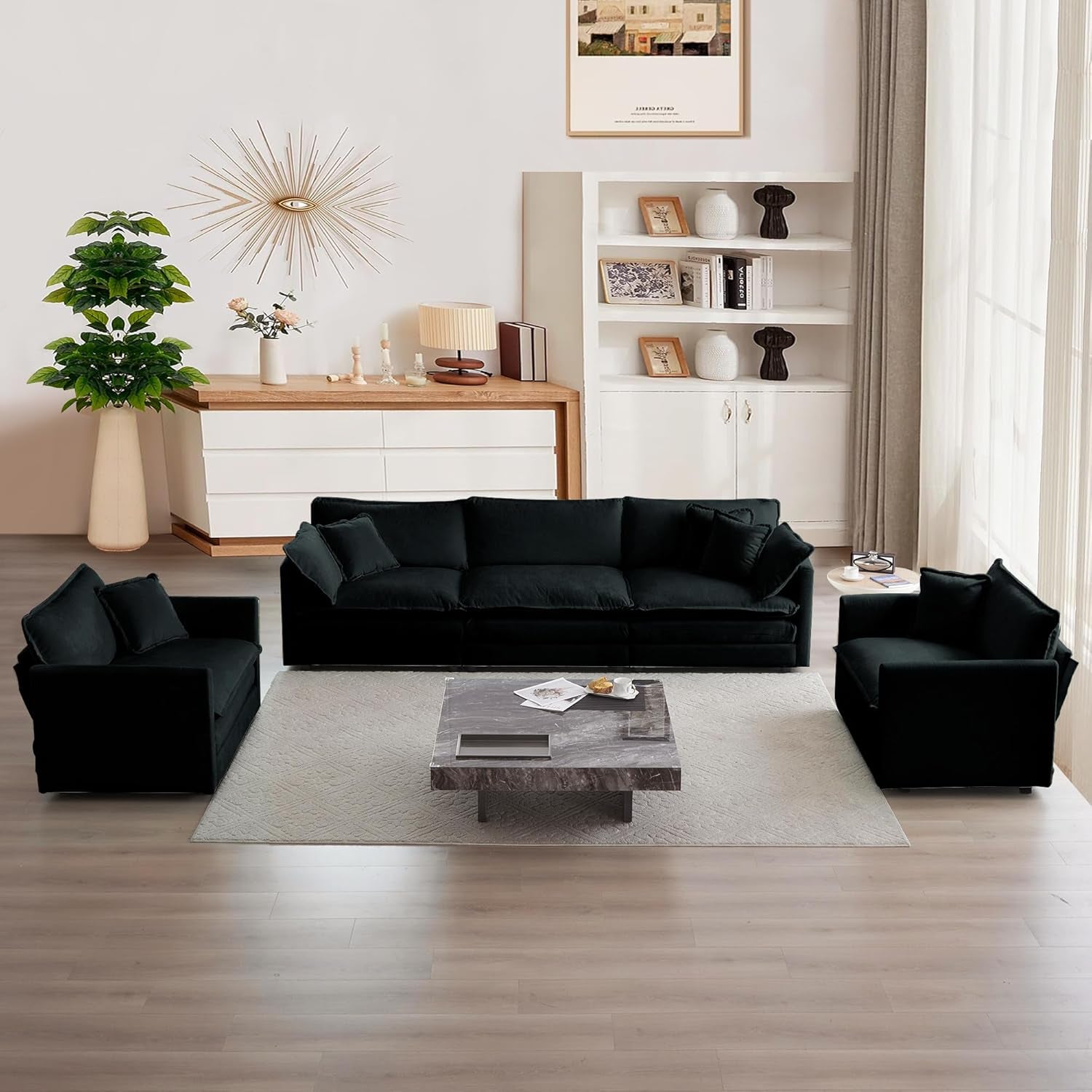 Luxury 3 Piece Sofa Set, 2 Pieces of Single Sofa and 1 Piece of 3 Seater Sofa, Modern Chenille Comfy Cloud Couches Set with 7 Pillows for Living Room Office, Black-0