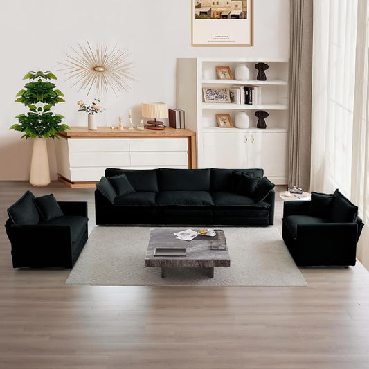 Luxury 3 Piece Sofa Set, 2 Pieces of Single Sofa and 1 Piece of 3 Seater Sofa, Modern Chenille Comfy Cloud Couches Set with 7 Pillows for Living Room Office, Black-0
