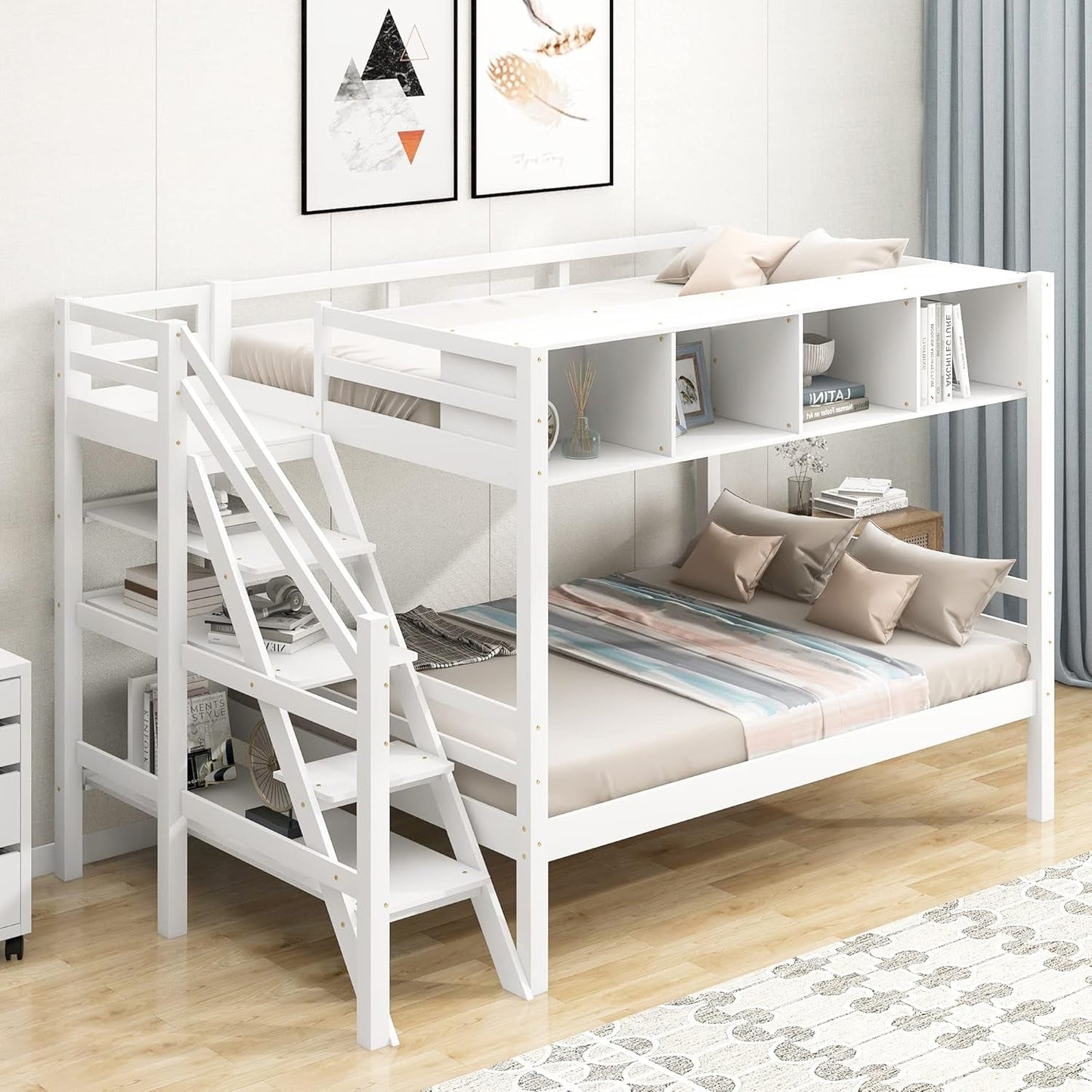 Twin Size Bed Frame for Bedroom Twin over Full Bunk Bed with Staircase and Built-In Storage Cabinets No Box Spring Needed White 96" L X 57.2" W X 62.2" H-0