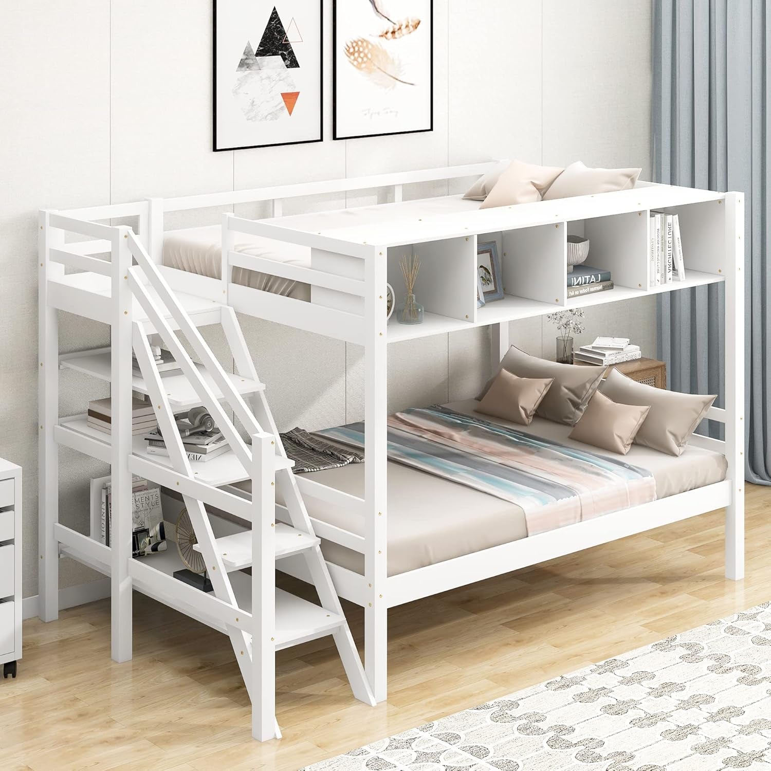 Twin Size Bed Frame for Bedroom Twin over Full Bunk Bed with Staircase and Built-In Storage Cabinets No Box Spring Needed White 96" L X 57.2" W X 62.2" H-0
