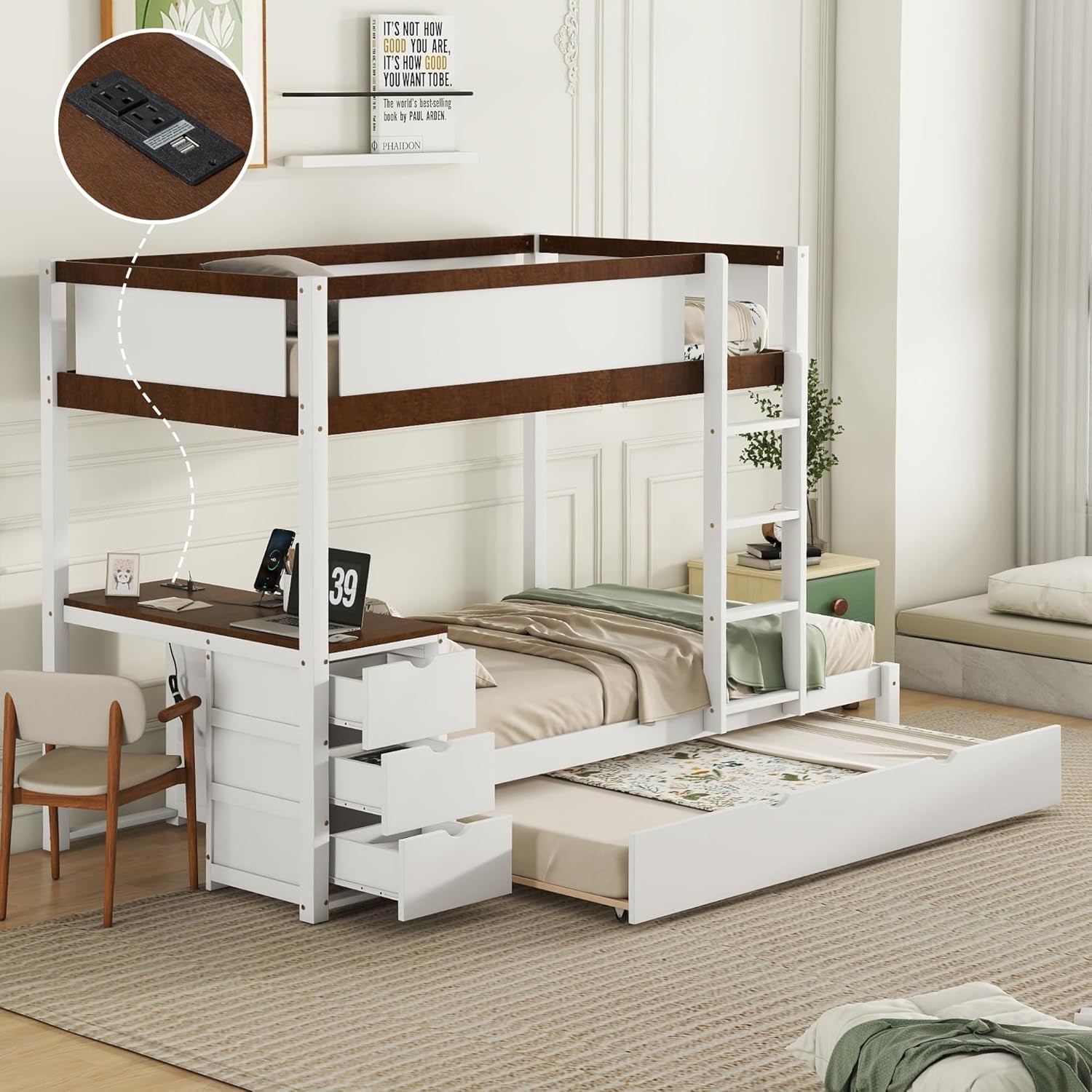 Twin over Twin Bunk Bed Twin Size Trundle, Wood Twin Bunk Bed with USB Ports, Storage and Desk, White+Walnut-3