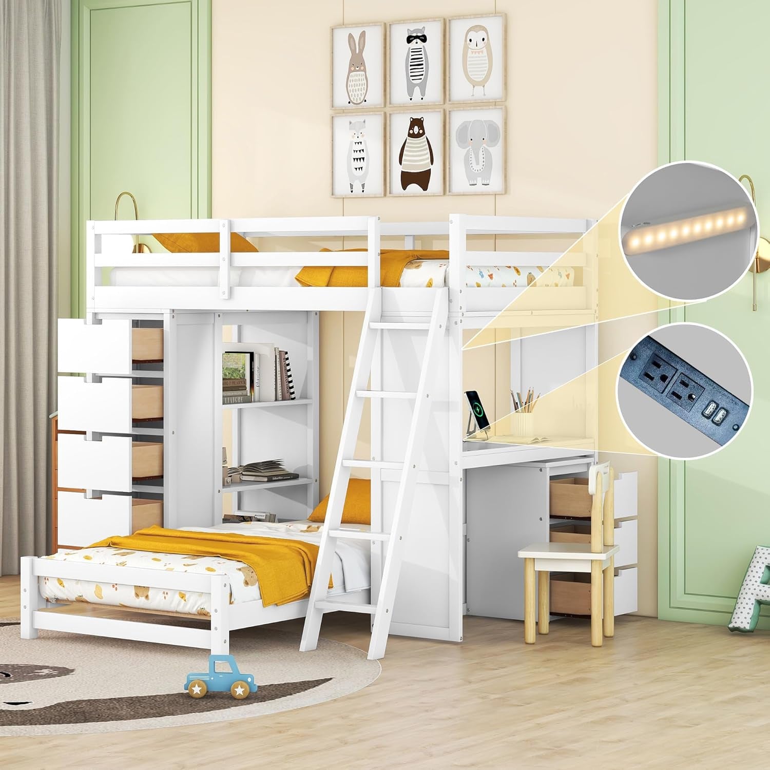 Modern Twin Wood Bunk Bed with LED Light and USB Ports, Storage Bunk Bed with Desk, Ladder for Bedroom, Dorm,Appartment Space-Saving White-0