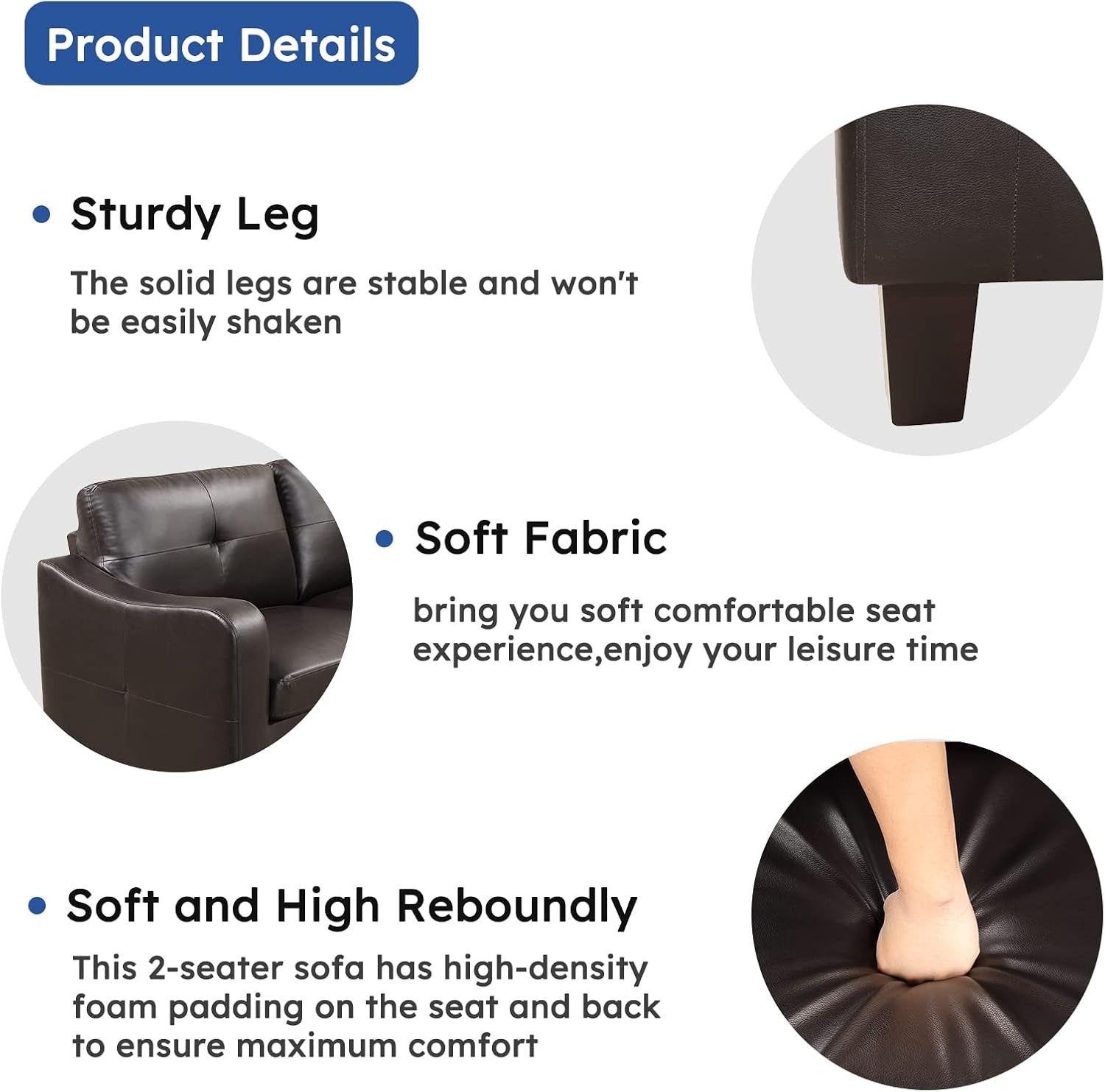 2 Piece Living Room Sofa Set, Wood Frame and Sturdy Legs, Modern Upholstered Sofa Sets with 3-Seat Couch and Faux Leather Loveseat Sofa for Living Room and Bedroom, Dark Brown-2