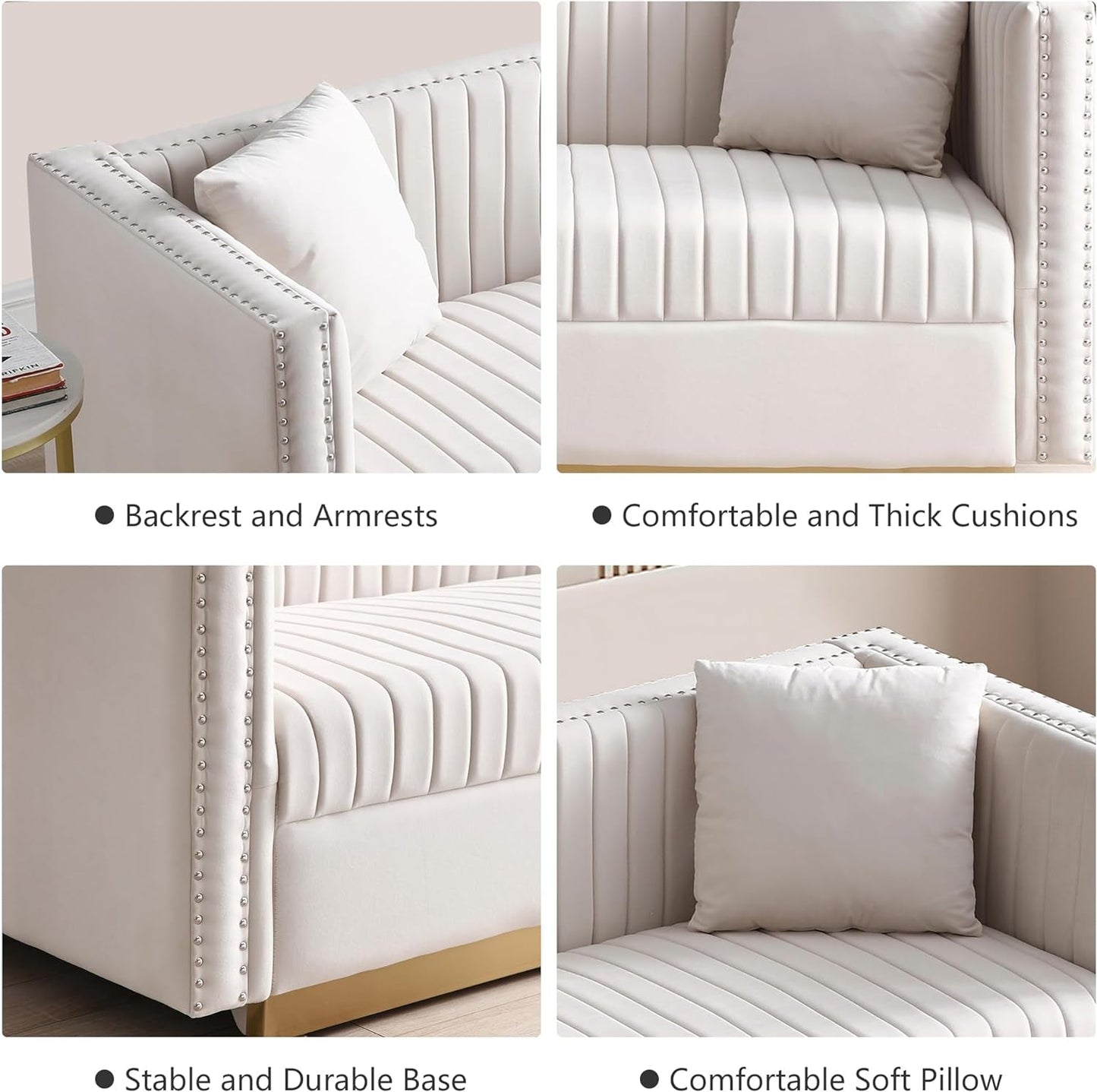 Luxury Velvet Sofa Set for Living Room, Modern Decor Furniture Channel Sofa Couch and Loveseat with Nailhead Gold Metal Legs and 4 Pillows for Bedroom, Hall, Beige-2
