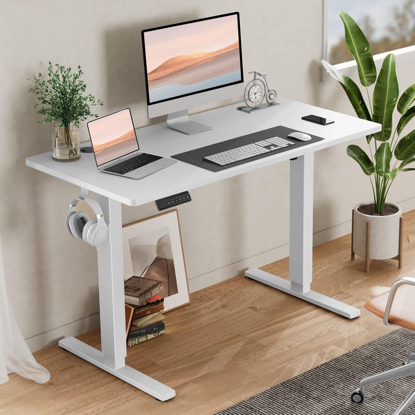 Standing Desk, Adjustable Height Electric Sit Stand up down Computer Table, 55X24 Inch Ergonomic Rising Modern Lift Motorized Gaming Desktop Workstation for Work Home Office - White-1