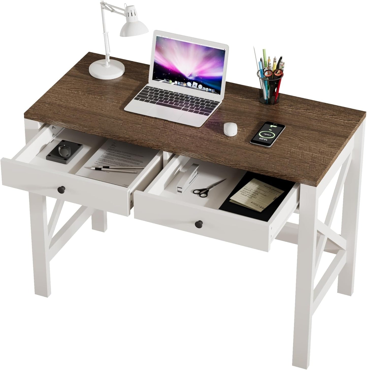Farmhouse Desk 39" Computer Desk with Drawers, Small Study Writing Table with Stable X Frame for Home Office-1