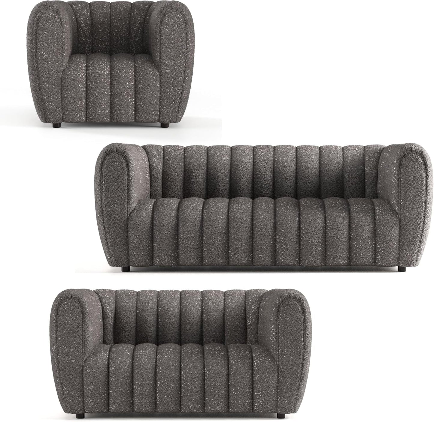 Glamour Contemporary Vertical Channel Tufted Boucle 3-Piece Sofa Set with Wooden Legs for Living Room, Home Office, Bedroom, Charcoal Gray-0