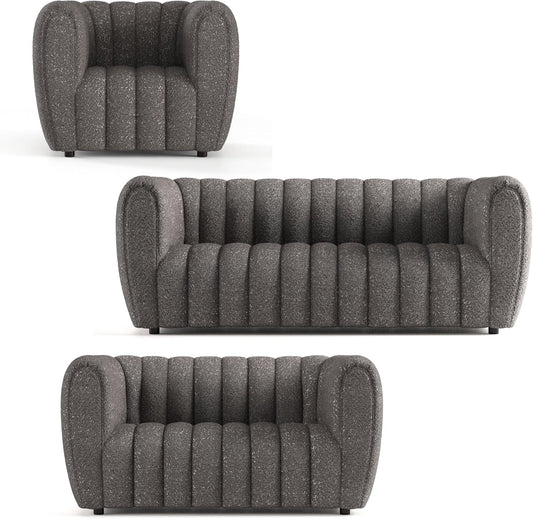Glamour Contemporary Vertical Channel Tufted Boucle 3-Piece Sofa Set with Wooden Legs for Living Room, Home Office, Bedroom, Charcoal Gray-0