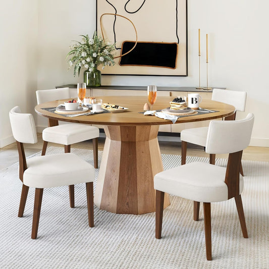 Dining Chairs Set of 4, Linen Mid Century Modern Dining Chairs with Curved Backrest and Wood Legs, Upholstered Dining Room Chairs for Kitchen, Living Room, Beige-0