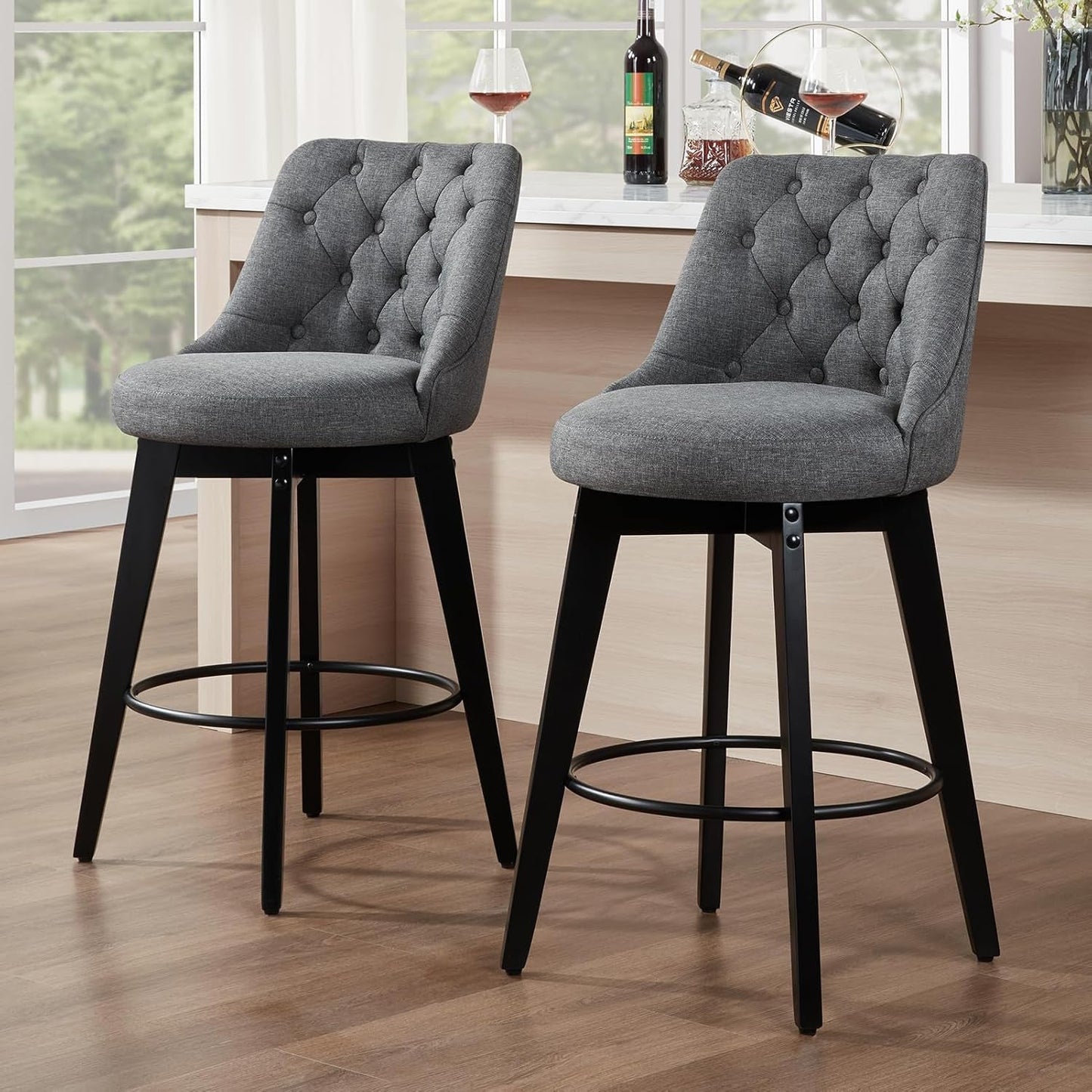 Bar Stools Set of 2, Swivel Barstools with Backs and Wood Legs, 27" Linen Fabric Upholstered Bar Chairs for Kitchen Island, Dining, Cafe, Pub（Grey）-1