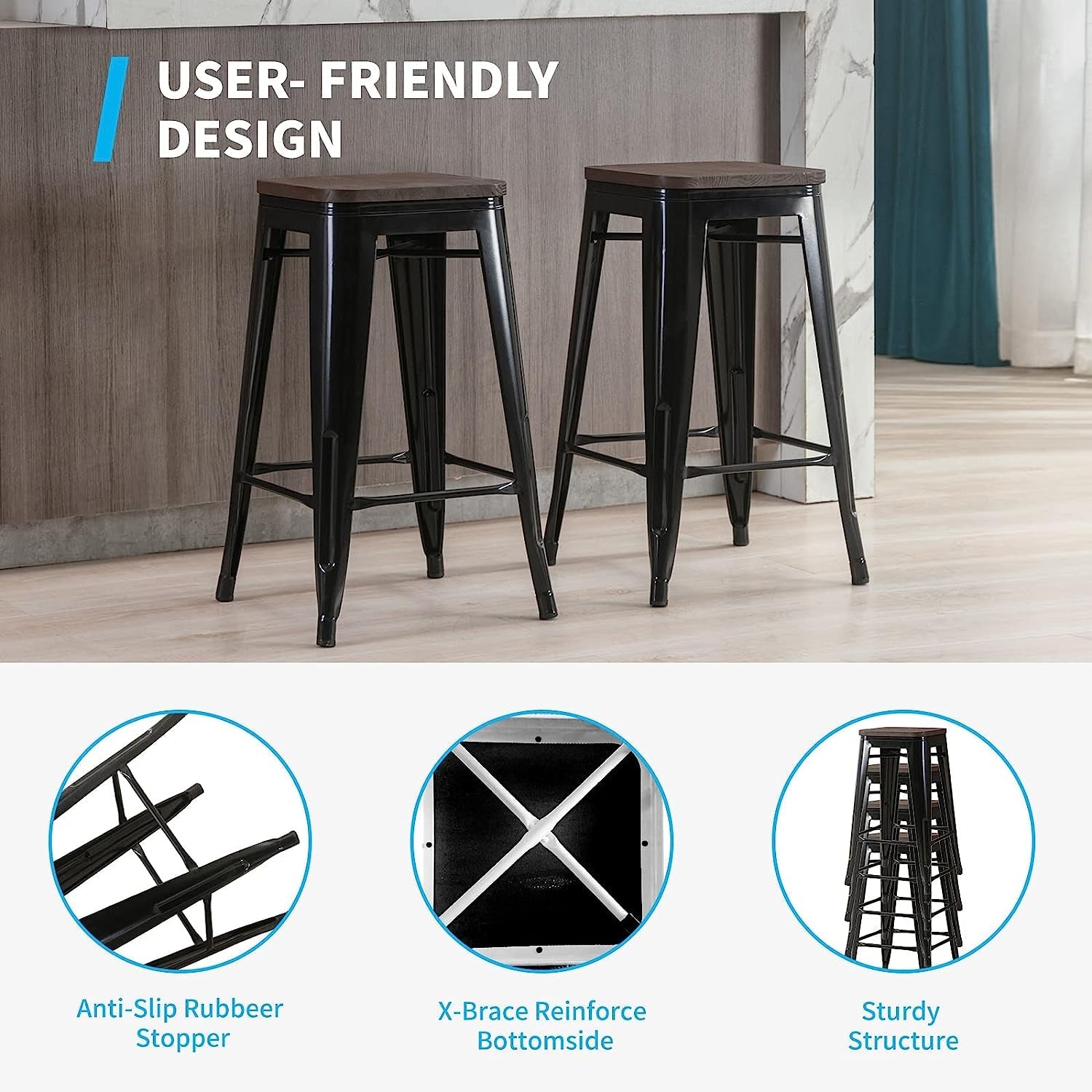 Square Metal Bar Stool Stackable Set of 2-3