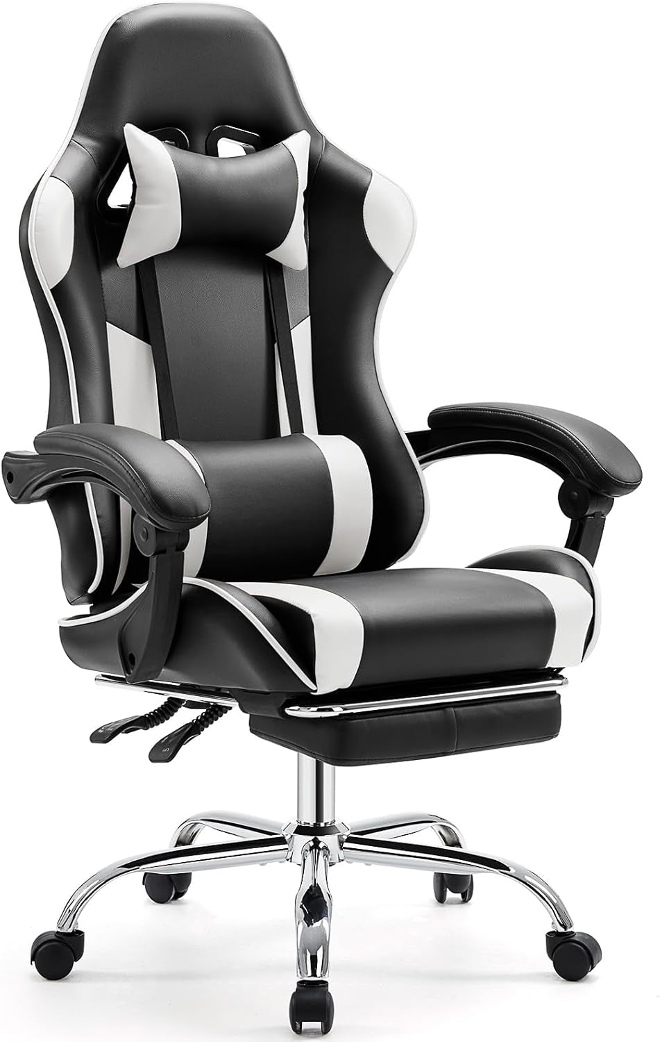 Video Game Desk Chair - Ergonomic Computer with Footrest and Comfy Lumbar Support, PU Leather Recliner with Headrest, Fixed up Armrest, Height Adjustable with 360° Swivel, White, Adults-0