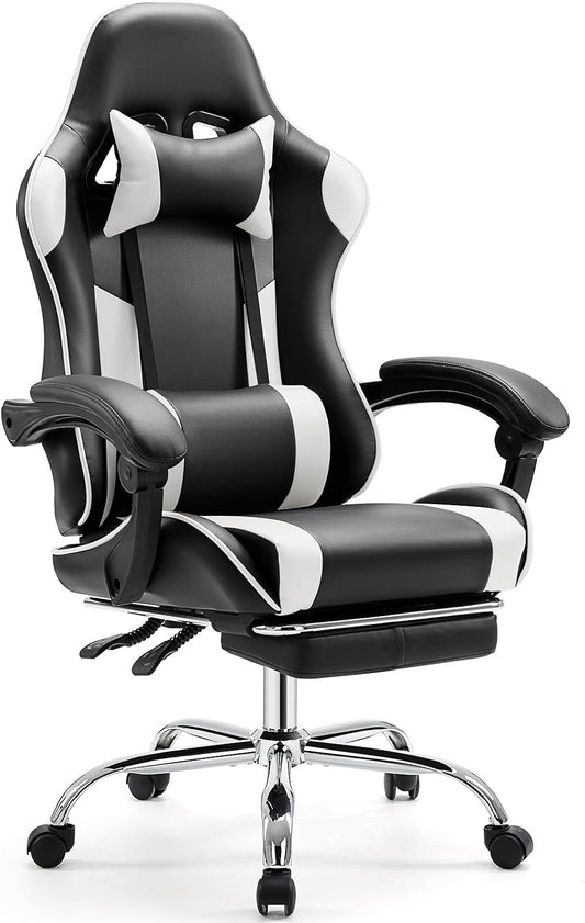 Video Game Desk Chair - Ergonomic Computer with Footrest and Comfy Lumbar Support, PU Leather Recliner with Headrest, Fixed up Armrest, Height Adjustable with 360° Swivel, White, Adults-0
