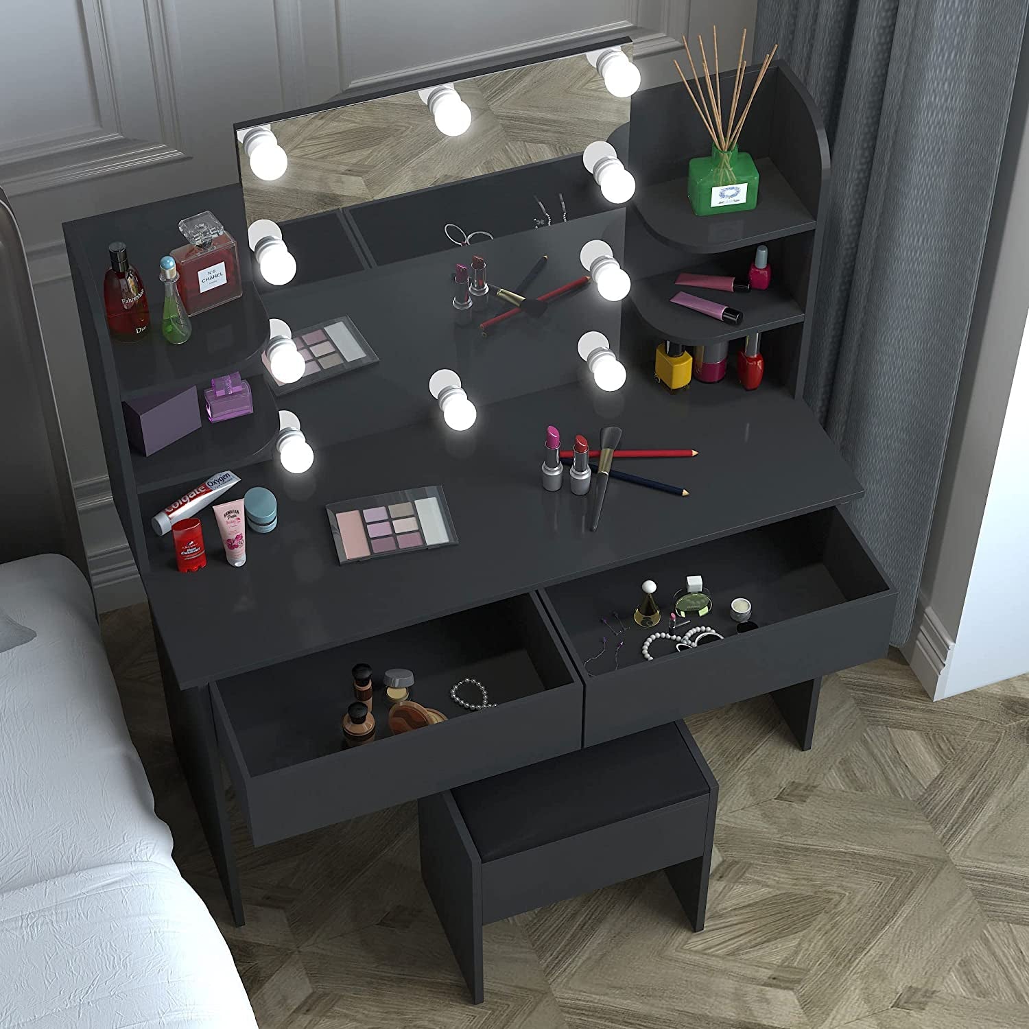 Large Vanity Set with 10 Lights Bulbs, 2 Drawers (Black)-2
