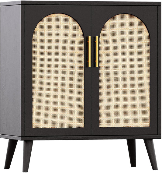 Rattan Storage Cabinet with Doors, Accent Bathroom Floor Cabinet, Modern Sideboard Buffet Cabinet for Living Room, Entryway, Dining Room and Kitchen, Black and Natural BMGZ108BM-0