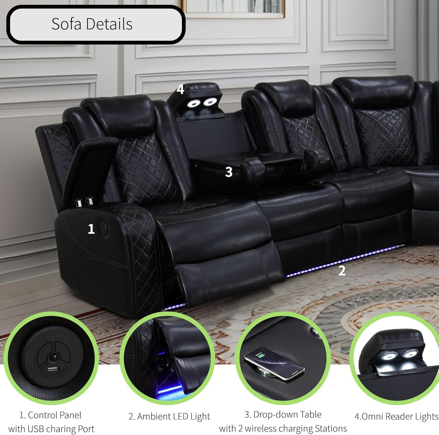 Power Recliner Sofa Sectional Sofa with LED Light for Living Room, Air Leather Reclining Corner Sectional Sofa Set, Cup Holder, Storage Console for Home Theater Seating (Black, Sectional)-2