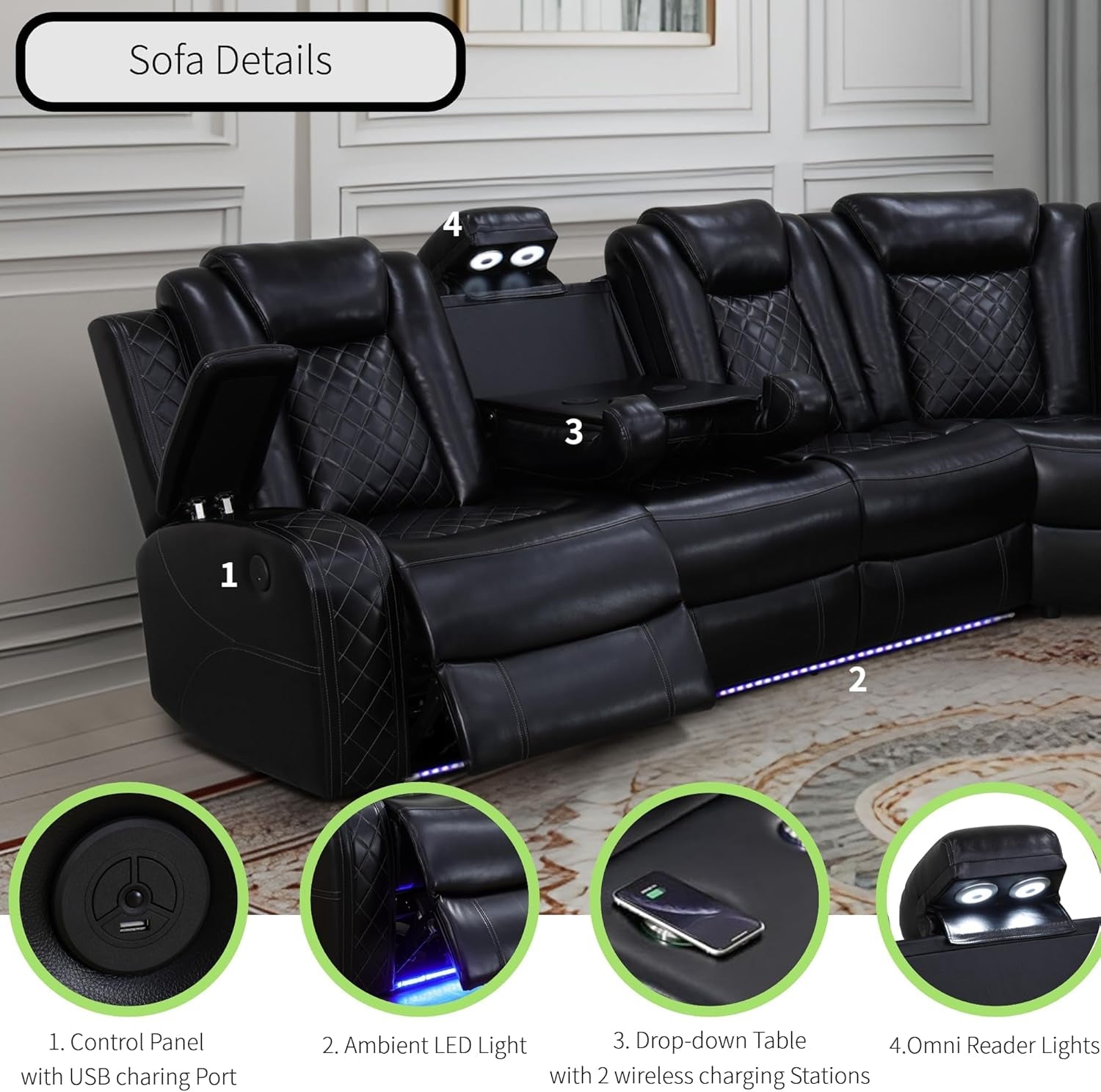 Power Recliner Sofa Sectional Sofa with LED Light for Living Room, Air Leather Reclining Corner Sectional Sofa Set, Cup Holder, Storage Console for Home Theater Seating (Black, Sectional)-2
