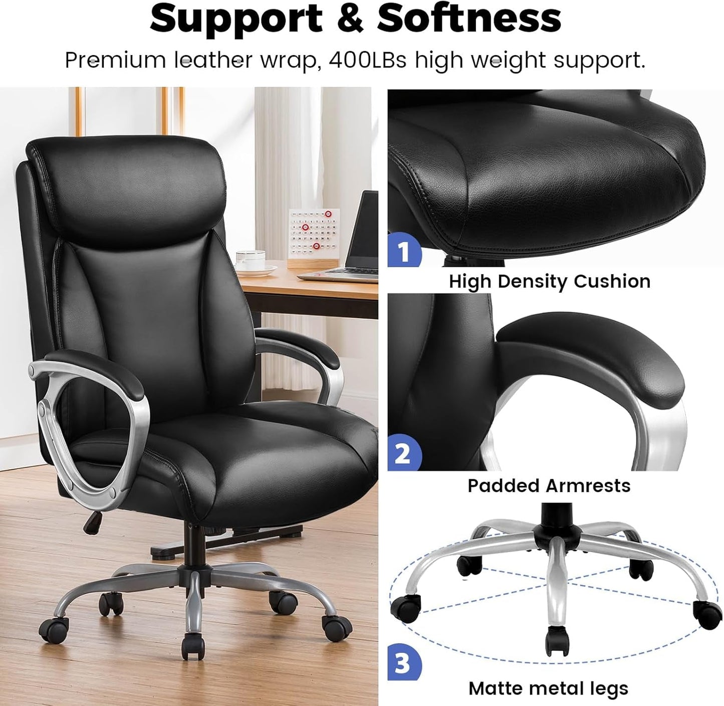 Ergonomic Office Chair Home Office Desk Chairs Comfy Back Support PU Leather Executive Office Chair with Wheels Headrest Padded Armrests Height Adjustable Tilt Swivel Rolling Reclining Seat-4