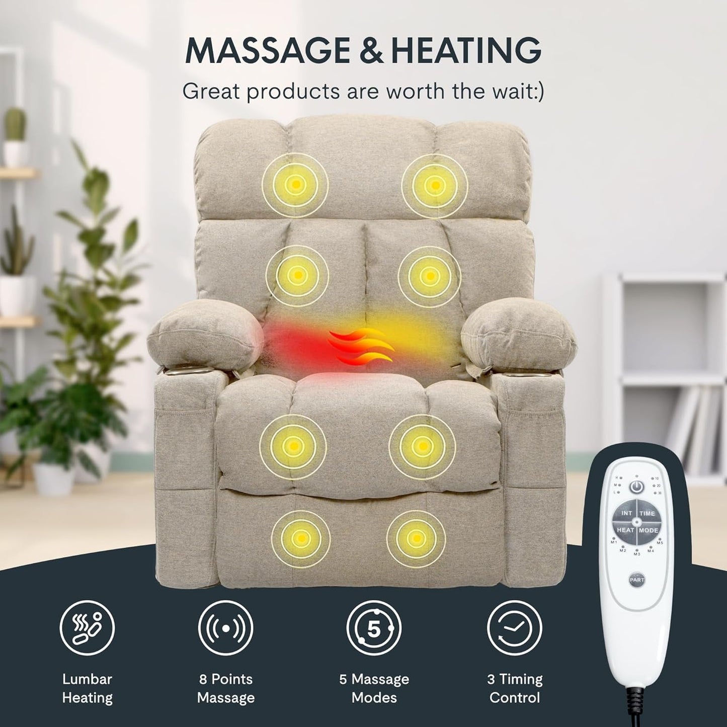 XRC3 Rocker Recliner Chair for Adults W/Massage & Heat, 360° Swivel Recliner Chair W/Cup Holders, USB Port, Manual Glider Rocking Chair for Living Room Nusery,Beige-3