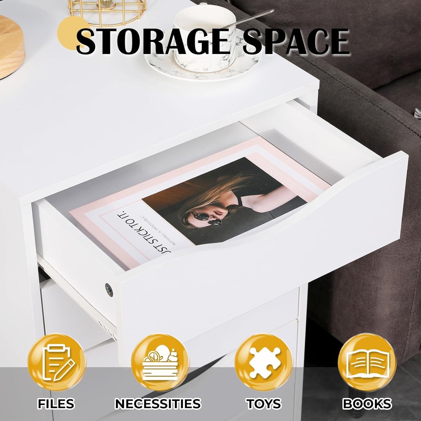 5 Drawer Chest Wood File Cabinet Rolling Storage Dresser with Wheels for Home Office, White-3