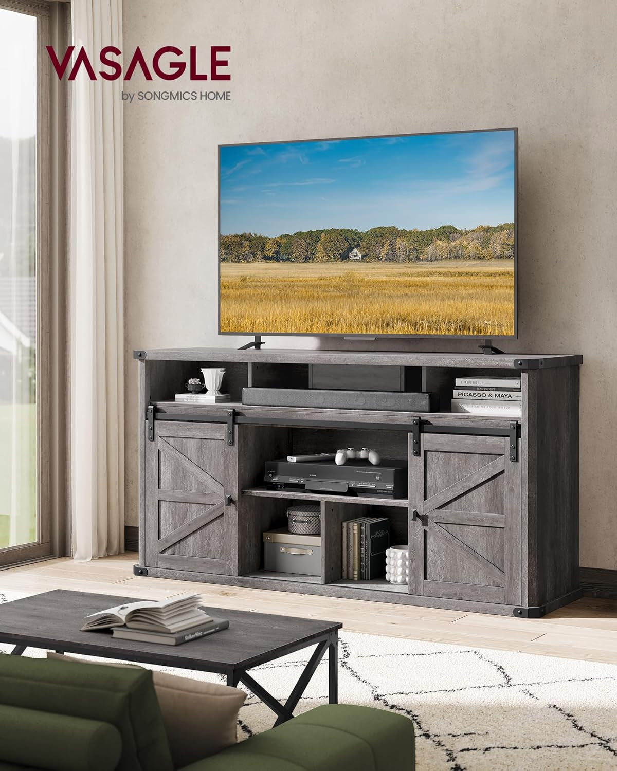 TV Stand for Tvs up to 65 Inches, Farmhouse Entertainment Center with Sliding Barn Doors, TV Console Table for Living Room, Misty Gray ULTV322G68-1