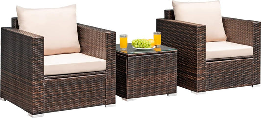 3 Pieces Patio Furniture Set, Outdoor Conversation Rattan Furniture Set W/Washable Cushion and Tempered Glass Tabletop, PE Rattan Wicker Sofa Set for Garden Poolside Balcony-0