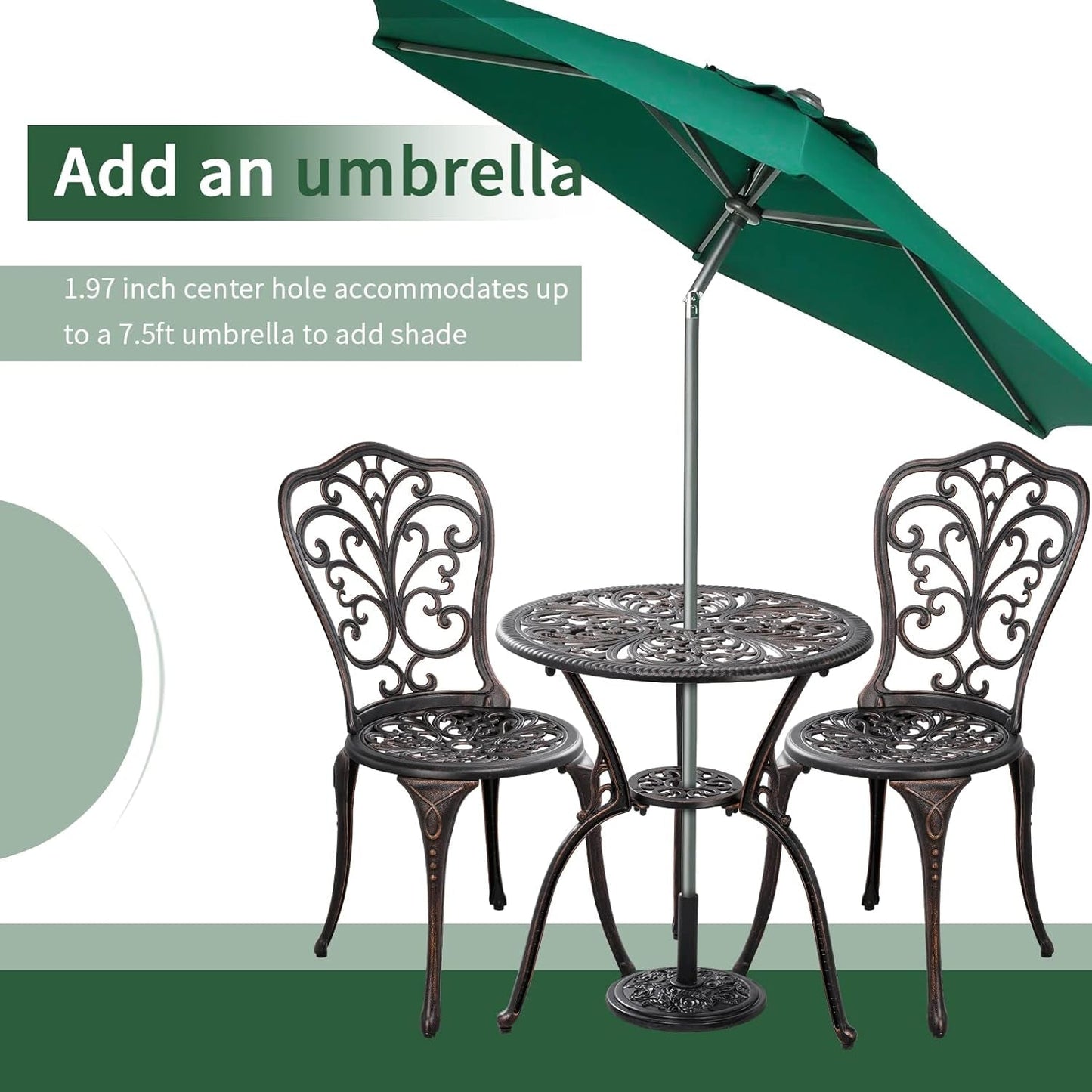 3 Piece Patio Set Outdoor Bistro Set,Cast Aluminum Bistro Table and Chairs Set of 2 with Umbrella Hole,All Weather Patio Bistro Sets for Front Porch Set Garden,Backyard(Brown)-3