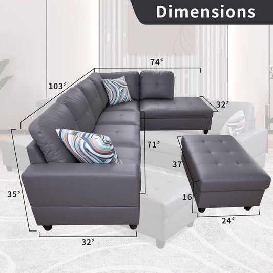 L-Shaped 3-Piece Semi PU Synthetic Leather Sofa with Storage Ottoman Set, Sectional Couch Sofa Set for Living Room, Office, Small Space, Dark Grey-1