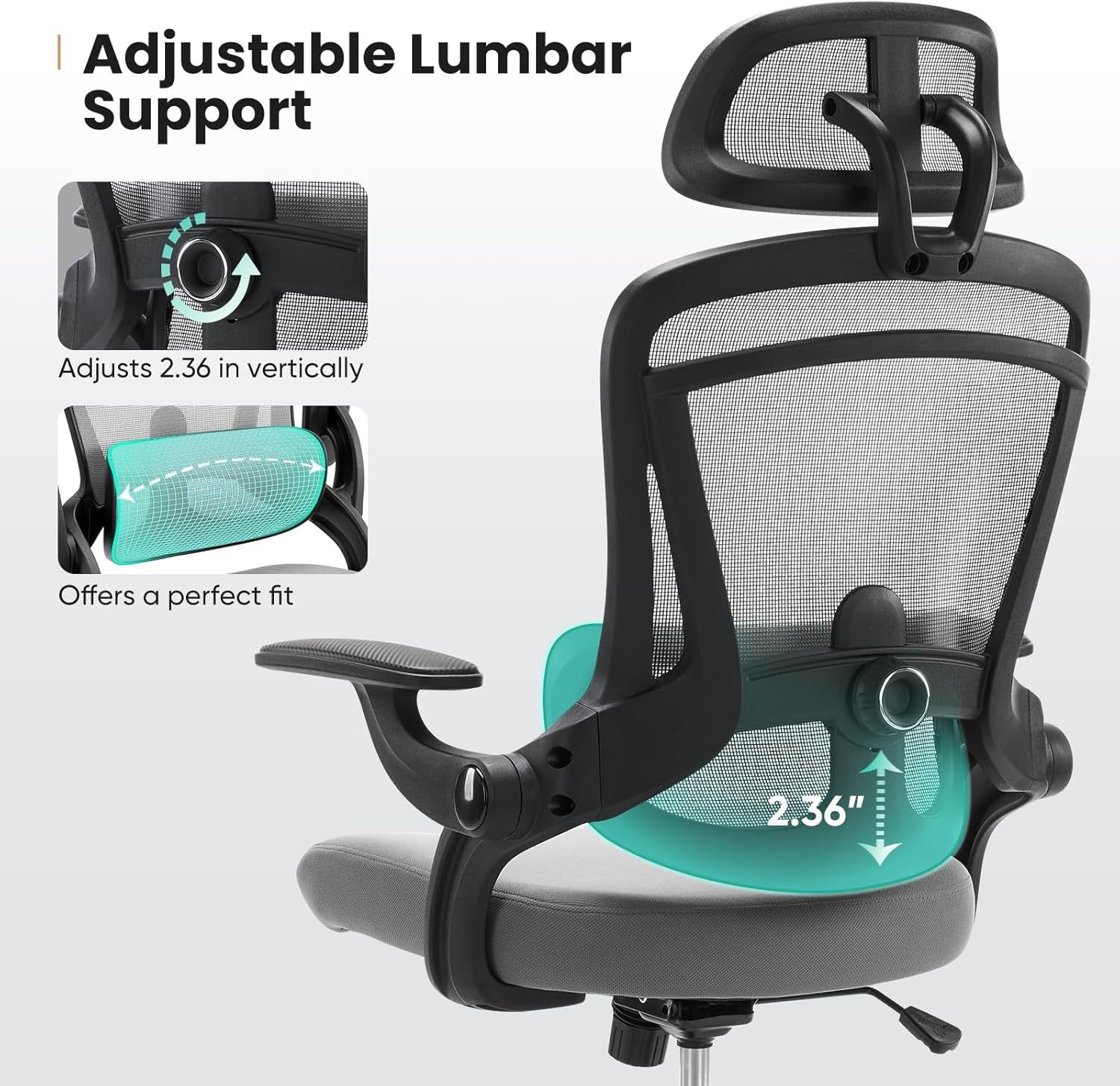 Ergonomic Mesh Office Chair, High Back Desk Chair with 2D Headrest, Up&Down Lumbar Support, Swivel Computer Task Chair with Adjustable Flip-Up Armrests,Grey-3