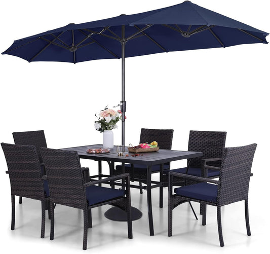 Patio Outdoor Table and Chairs Set with Umbrella Navy, Patio Dining Sets for 6, 7 Pieces Patio Table Set Clearance for Backyard Deck Porch Outside, Metal Table with Hole & Cushioned Rattan Chairs-0