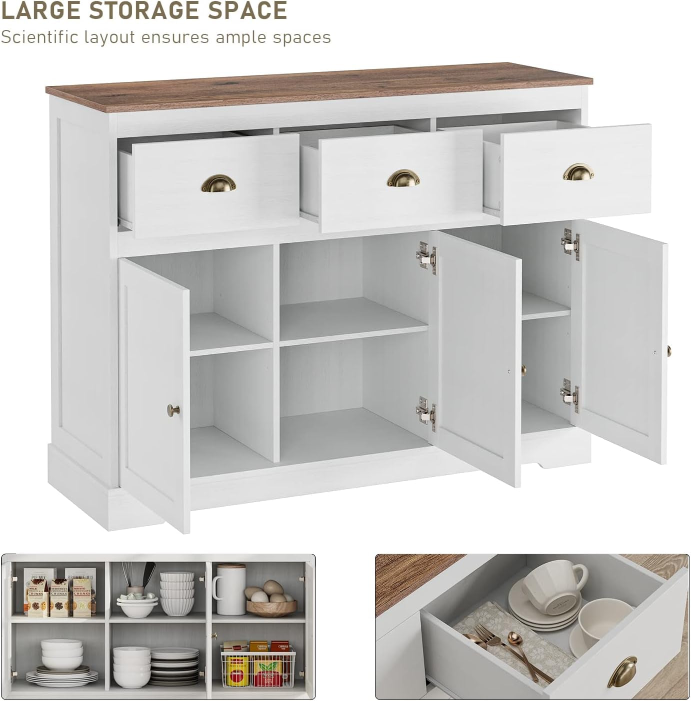 Buffet Cabinet Storage Kitchen Cabinet Sideboard Farmhouse Buffet Server, Antique White-3