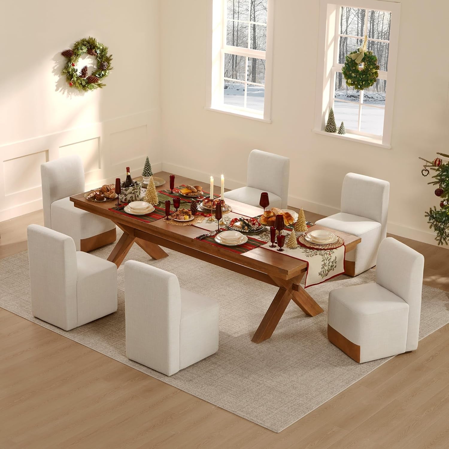 Dining Chairs with Casters Set of 2, FSC Certified Upholstered Armless Modern Rolling Dining Chairs with Rollers for Bedroom Reading Room Living Room, Linen-3