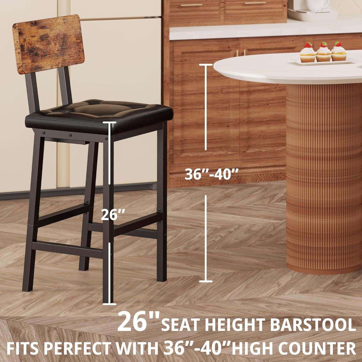 Bar Stools Set of 4, 16.5In Square PU Upholstered Barstools with Back and Footrest, Thick Cushion Stools for Kitchen Island for Dining Room Kitchen Counter Bar, Rustic Brown and Black-2
